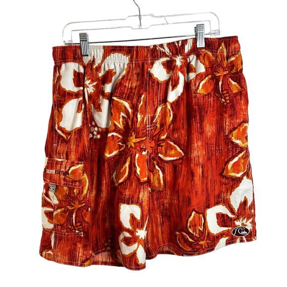 Quiksilver Silver Edition Swim Trunks Mens Size XL Orange Hibiscus Floral - Picture 1 of 5